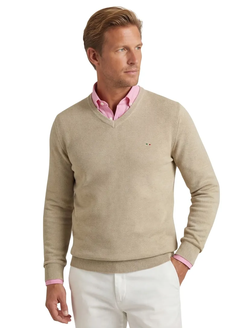 Portofino trui v-hals beige effen katoen lange mouwen