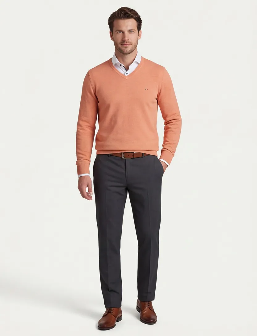 Portofino trui v-hals oranje effen 100% katoen