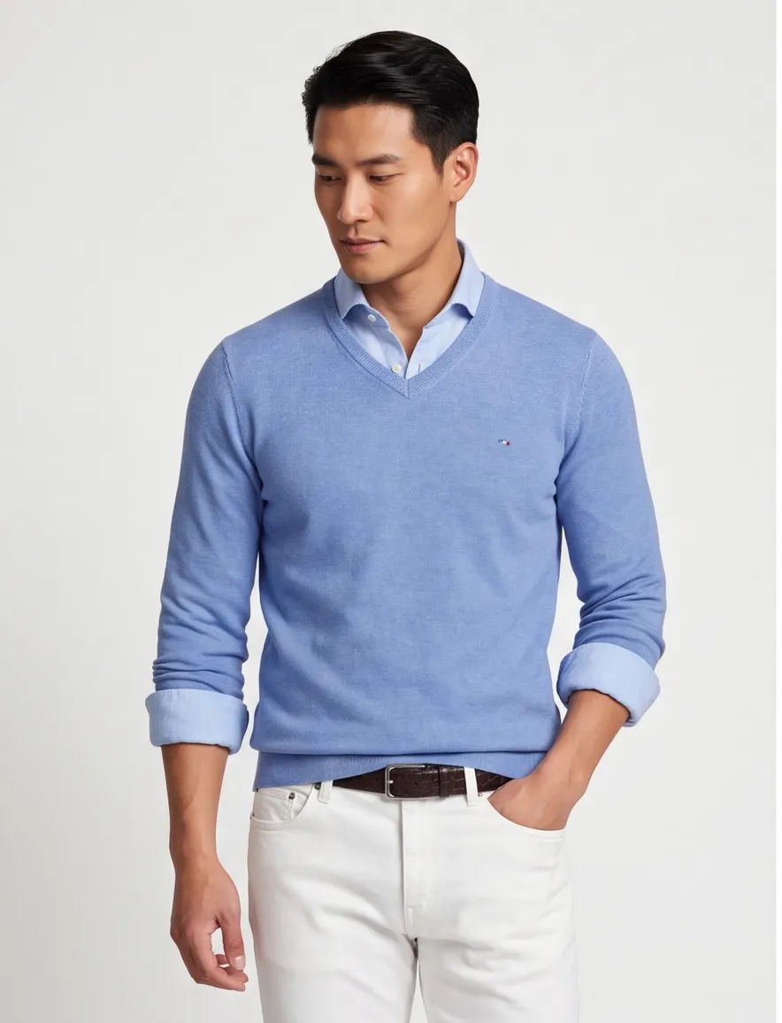 Portofino trui v-hals blauw effen katoen normale fit