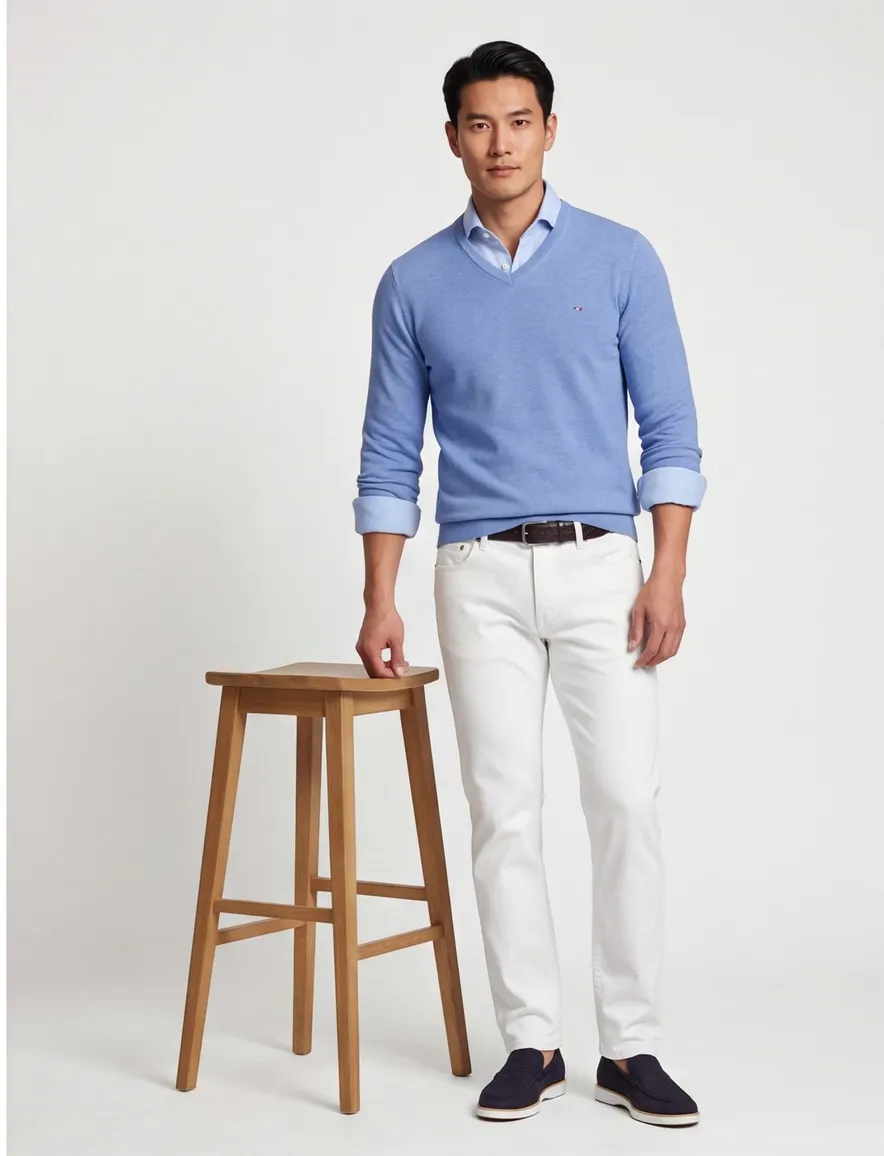 Portofino trui v-hals blauw effen katoen normale fit