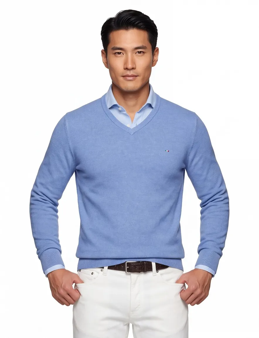 Portofino trui v-hals blauw effen katoen normale fit