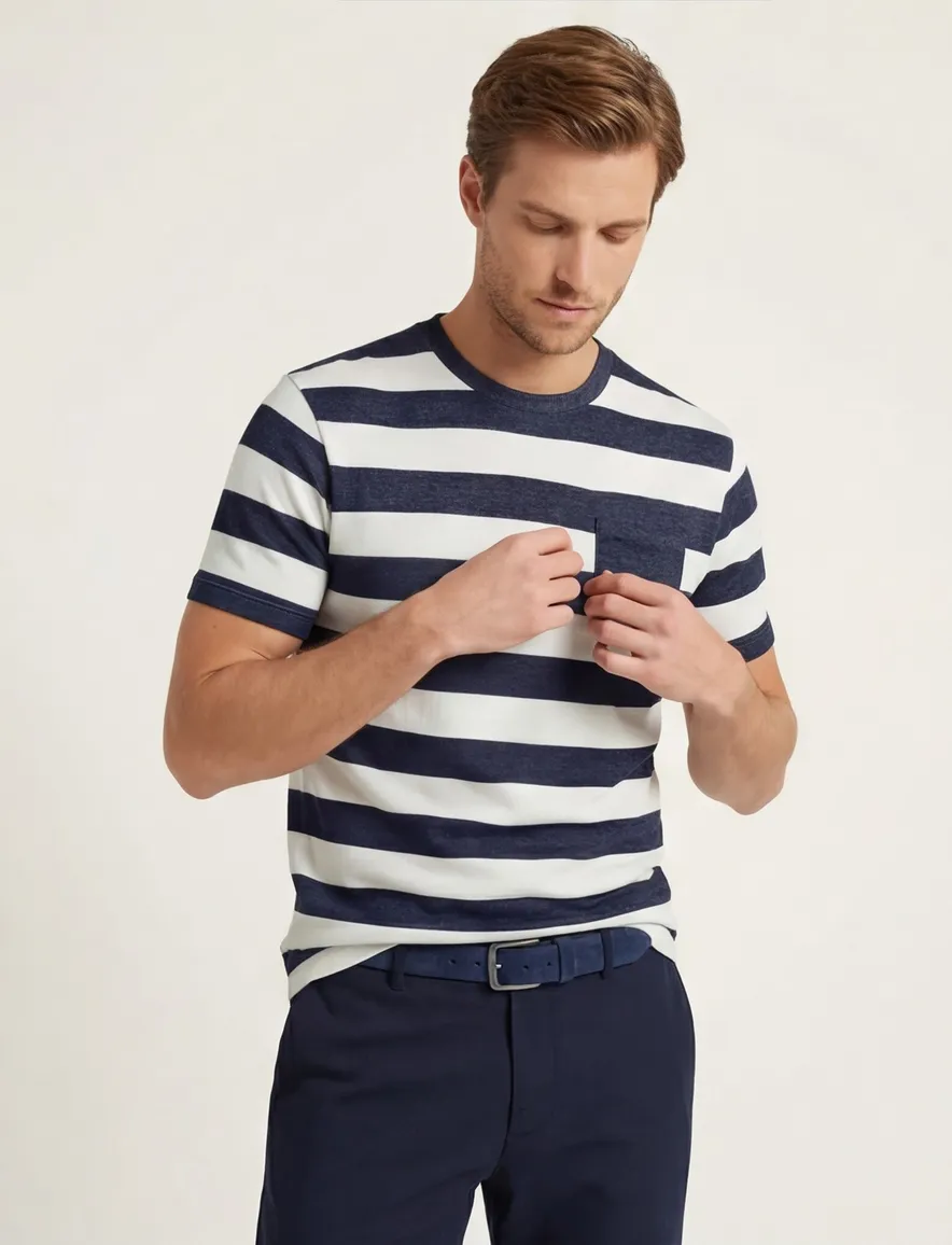 Brax t-shirt donkerblauw wit gestreept normale fit katoen