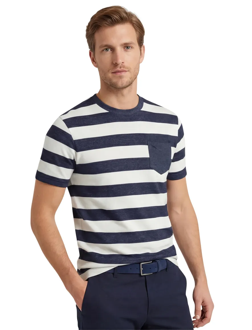 Brax t-shirt donkerblauw wit gestreept normale fit katoen