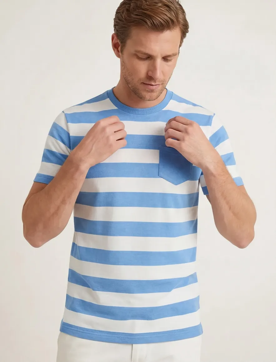Brax t-shirt blauw met wit gestreept normale fit