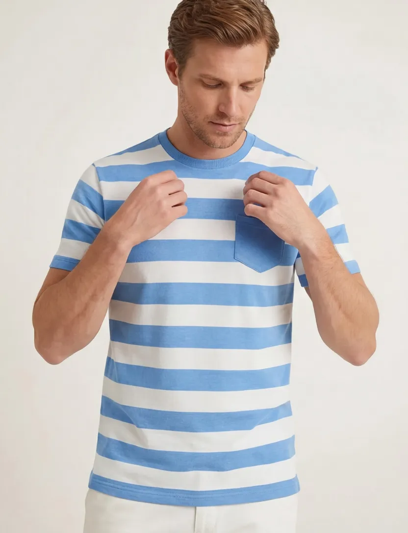 Brax t-shirt blauw met witte strepen normale fit katoen