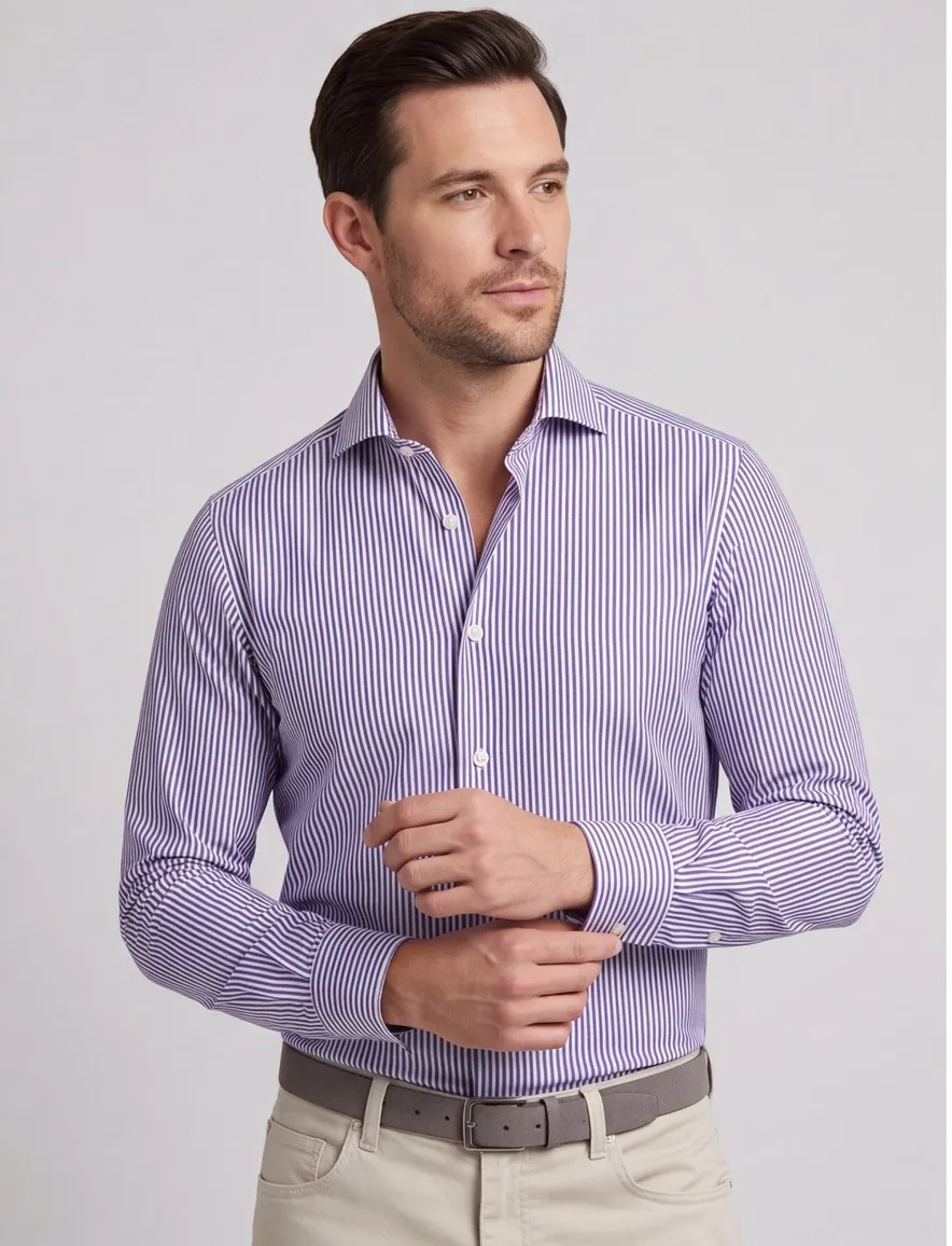 John Miller overhemd mouwlengte 7 Tailored Fit normale fit blauw gestreept 100% katoen