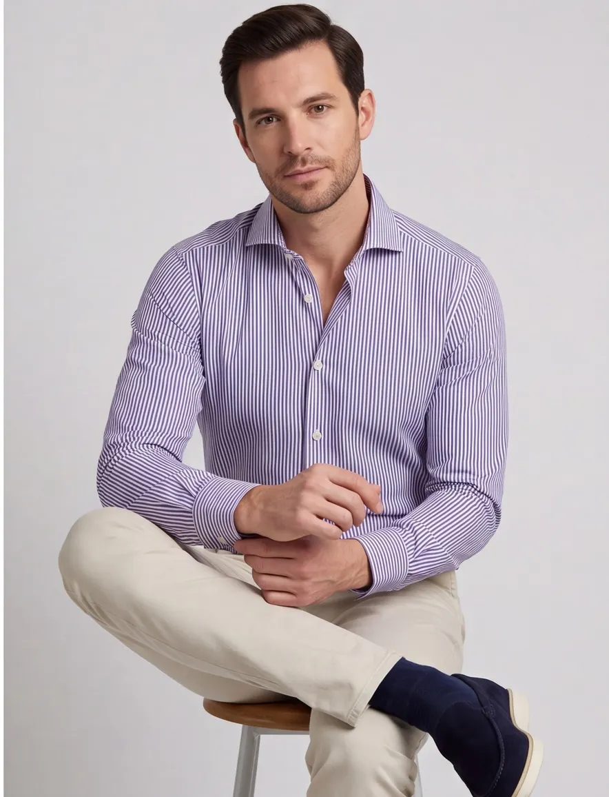 John Miller overhemd mouwlengte 7 Tailored Fit normale fit blauw gestreept 100% katoen
