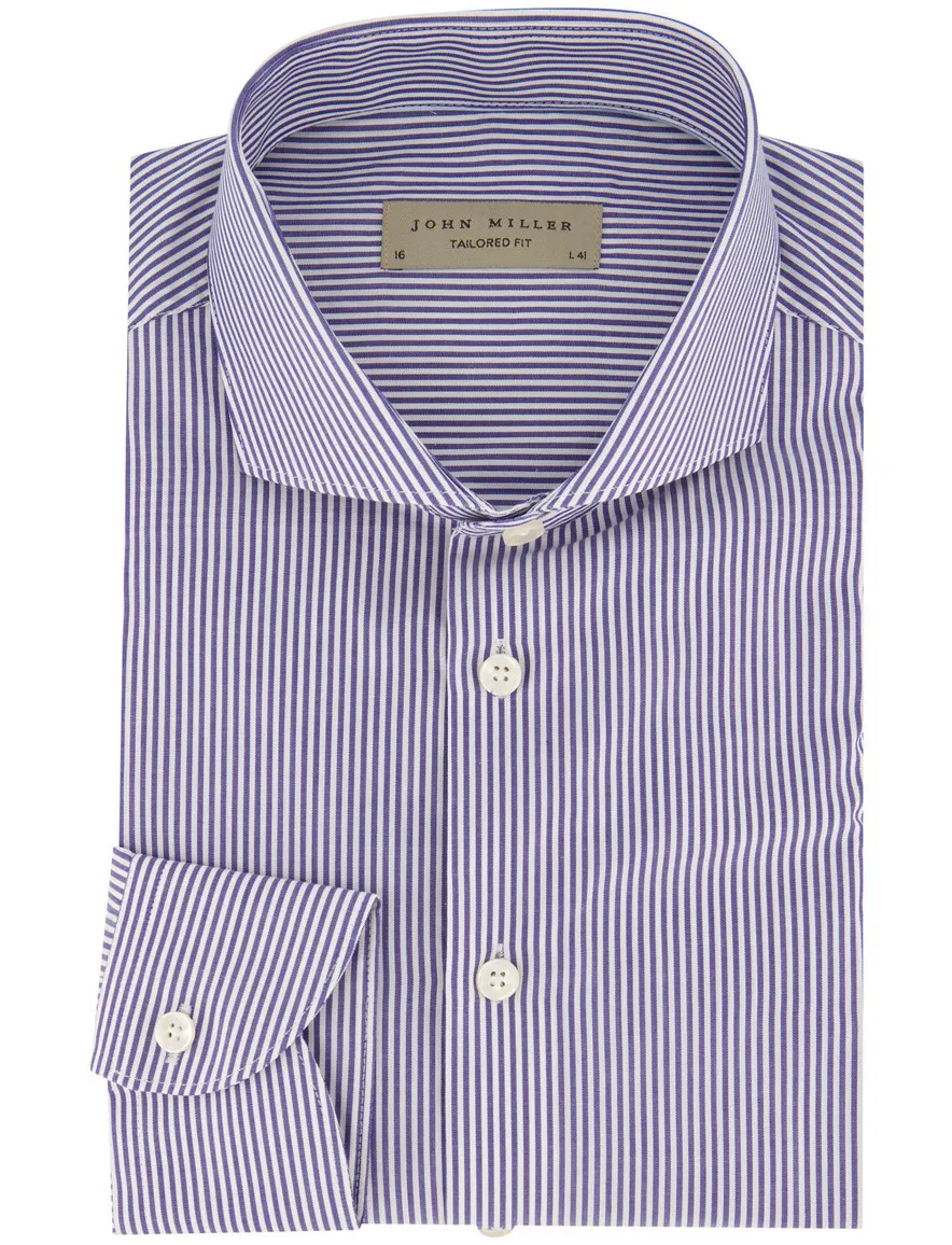 John Miller overhemd mouwlengte 7 Tailored Fit normale fit blauw gestreept 100% katoen
