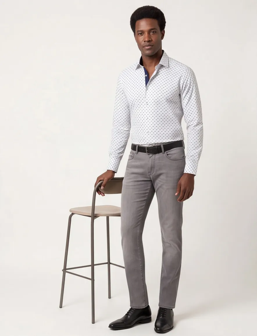 Ledub business overhemd Ledûb Modern Fit New normale fit wit geprint katoen wide spread boord