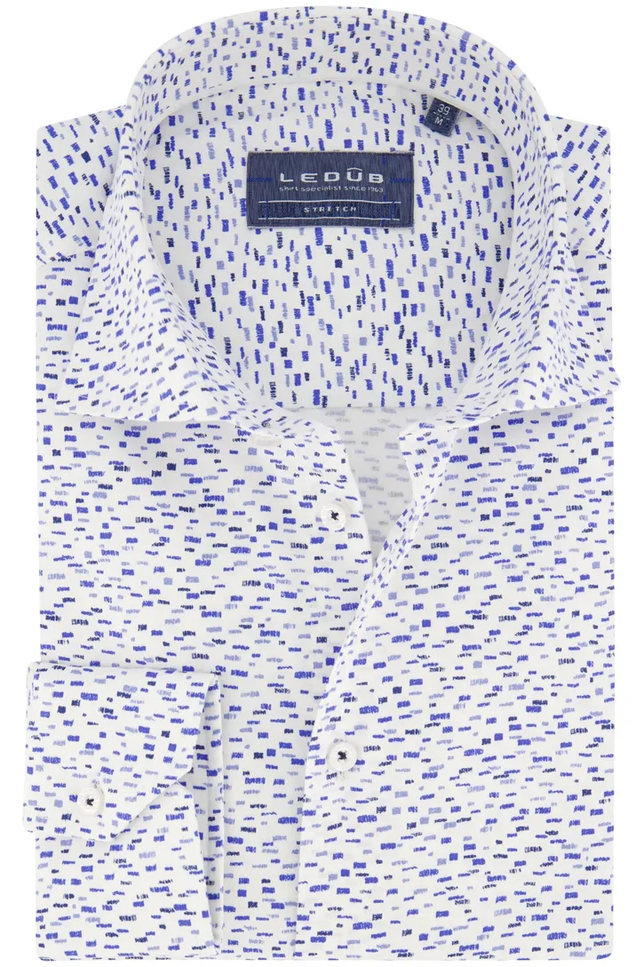 Ledub overhemd wit blauw geprint stretch