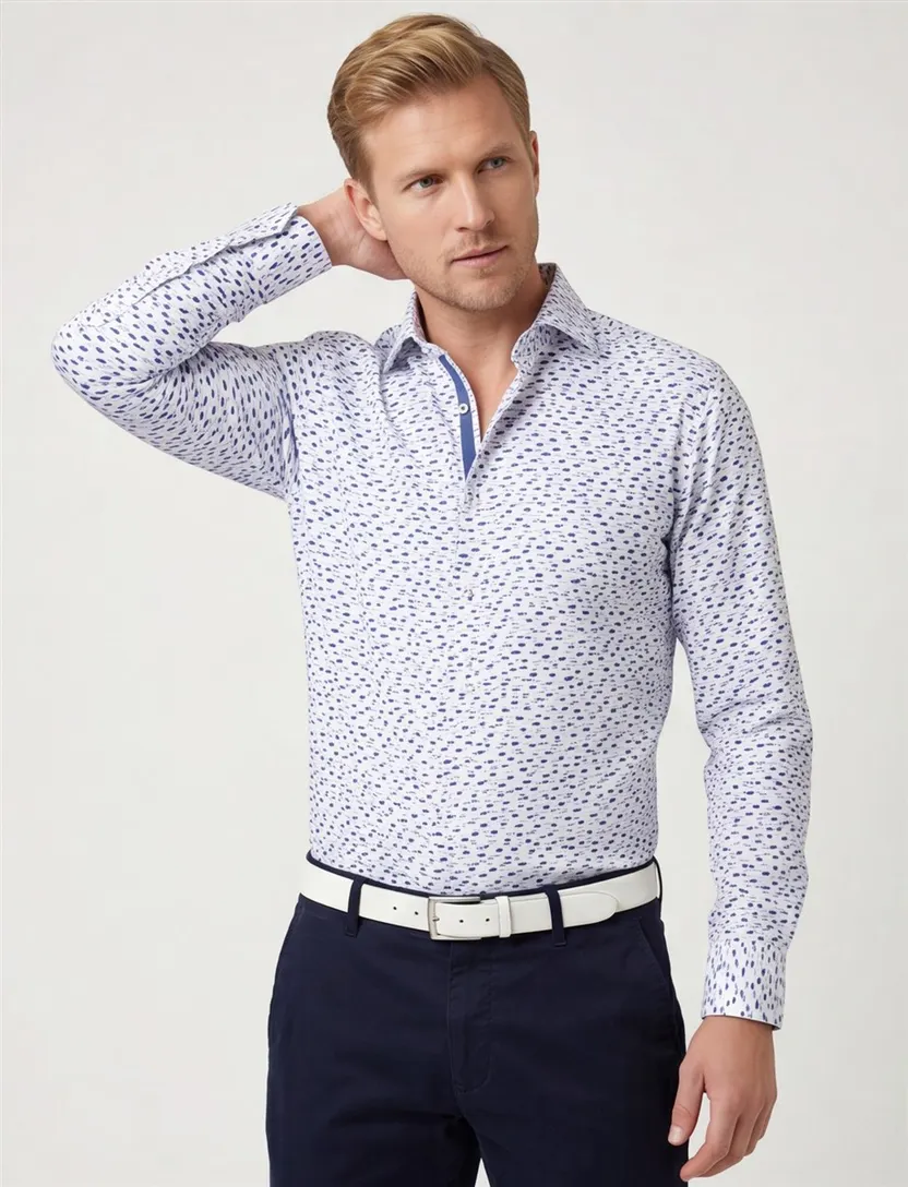 Ledub overhemd wit blauw geprint stretch