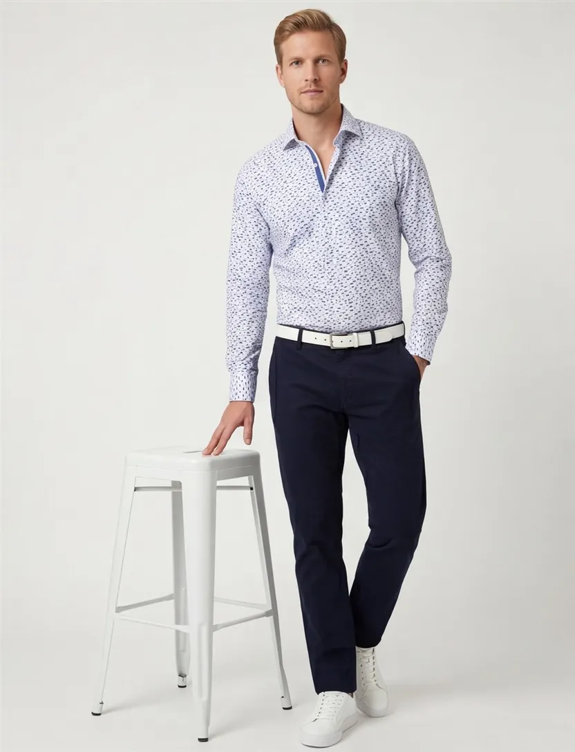 Ledub overhemd wit blauw geprint stretch