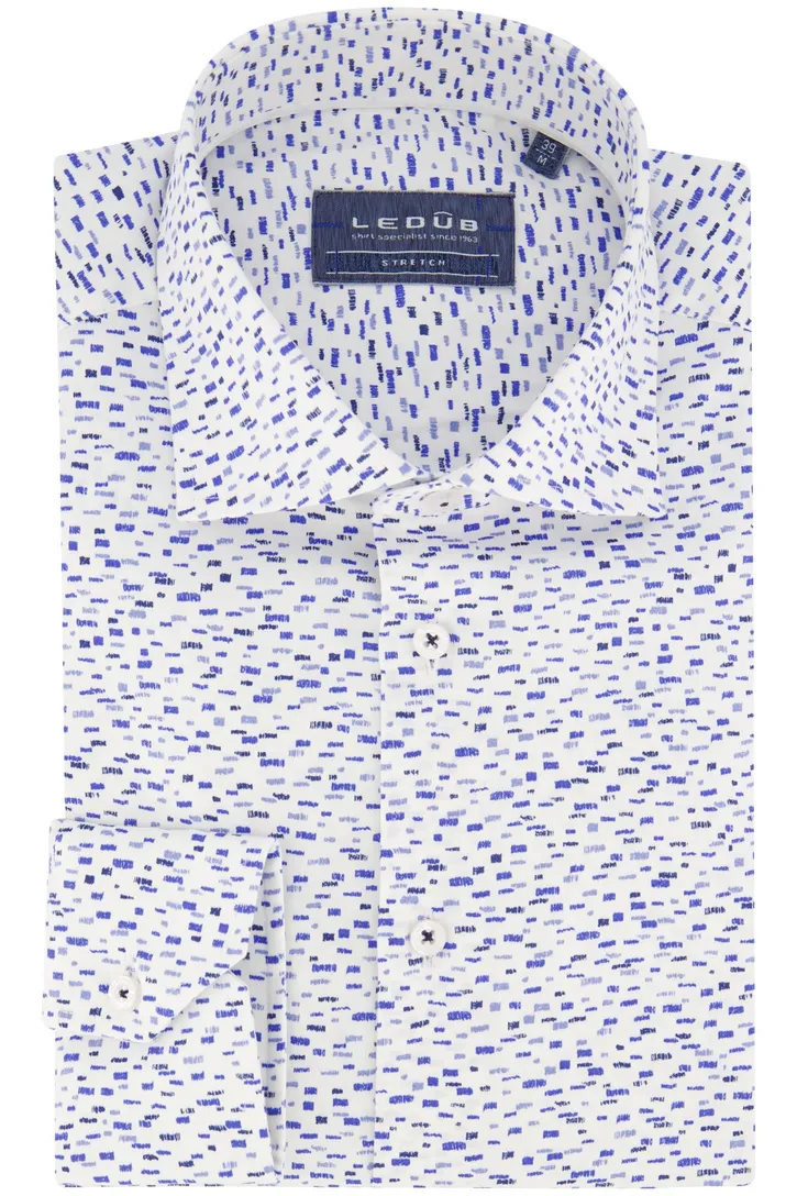 Ledub overhemd wit blauw geprint stretch