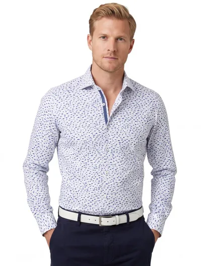 Ledub Ledub overhemd normale fit wit blauw geprint katoen