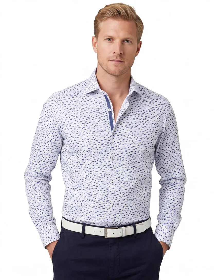 Ledub overhemd wit blauw geprint stretch