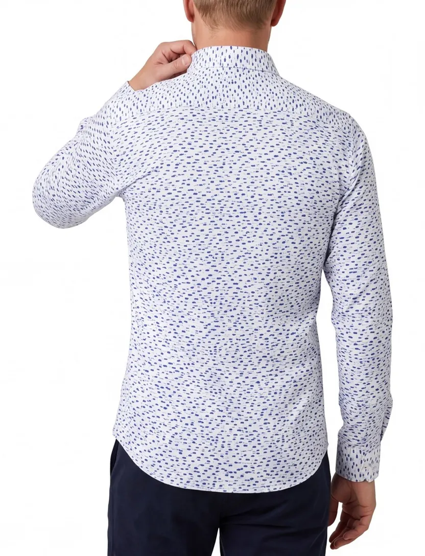 Ledub overhemd wit blauw geprint stretch