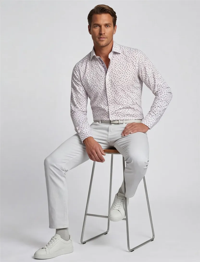 Ledub overhemd Modern Fit New wit print katoen