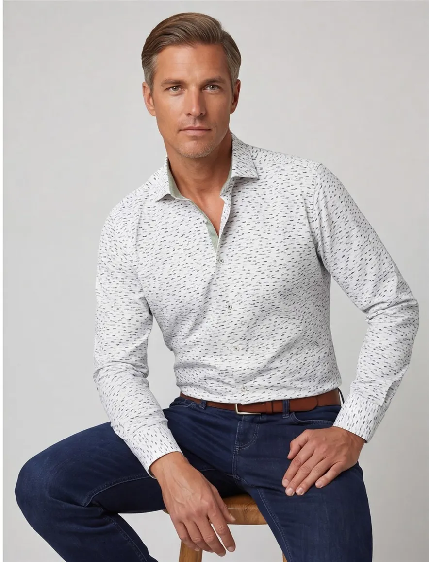 Ledub casual overhemd normale fit groen geprint wide spread boord