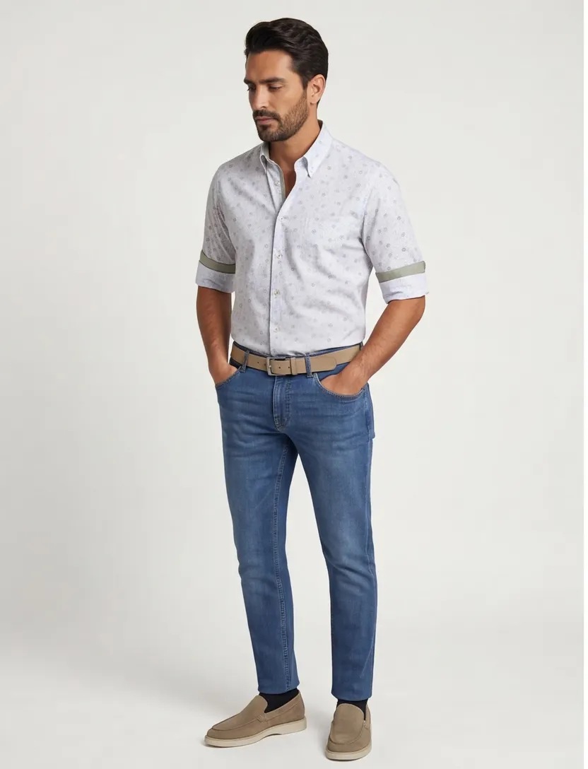 Ledub overhemd korte mouw Ledûb Modern Fit New normale fit groen geprint katoen met borstzak