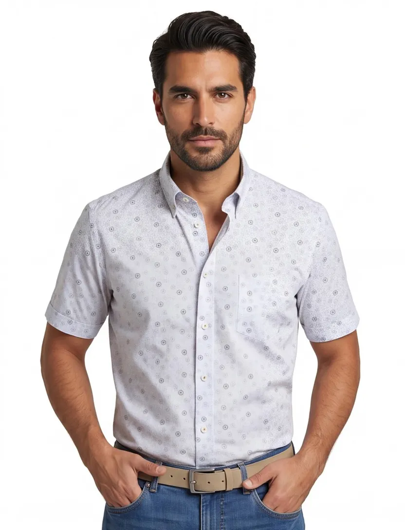 Ledub overhemd korte mouw Ledûb Modern Fit New normale fit groen geprint katoen met borstzak