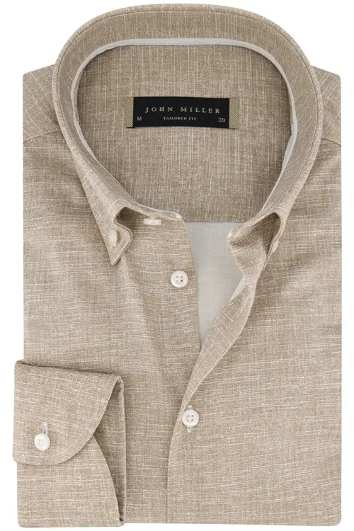 John Miller overhemd mouwlengte 7 normale fit beige effen katoen Tailored Fit