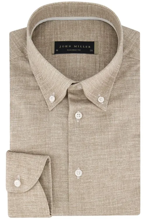 John Miller overhemd mouwlengte 7 normale fit beige effen katoen Tailored Fit