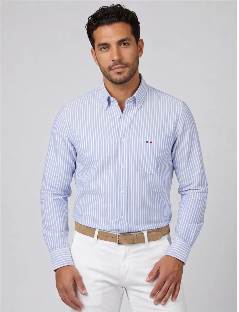 Portofino casual overhemd wijde fit lichtblauw wit gestreept