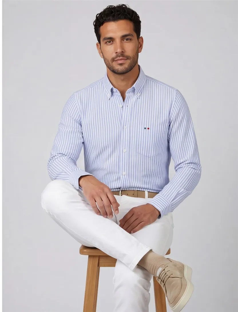 Portofino casual overhemd wijde fit lichtblauw wit gestreept