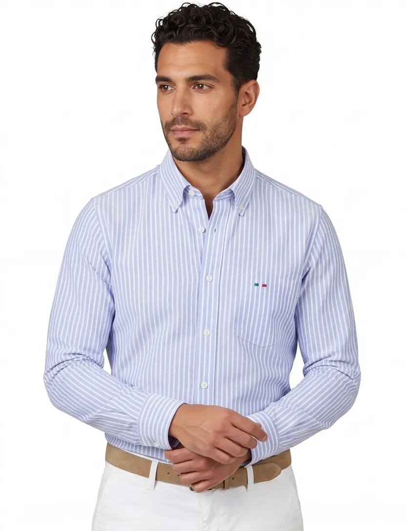 Portofino casual overhemd wijde fit lichtblauw wit gestreept