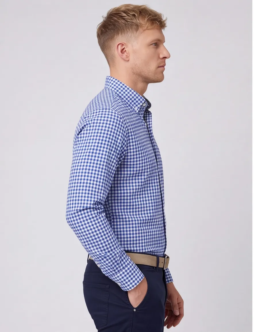 Portofino Regular Fit overhemd wijde fit blauw geruit katoen casual