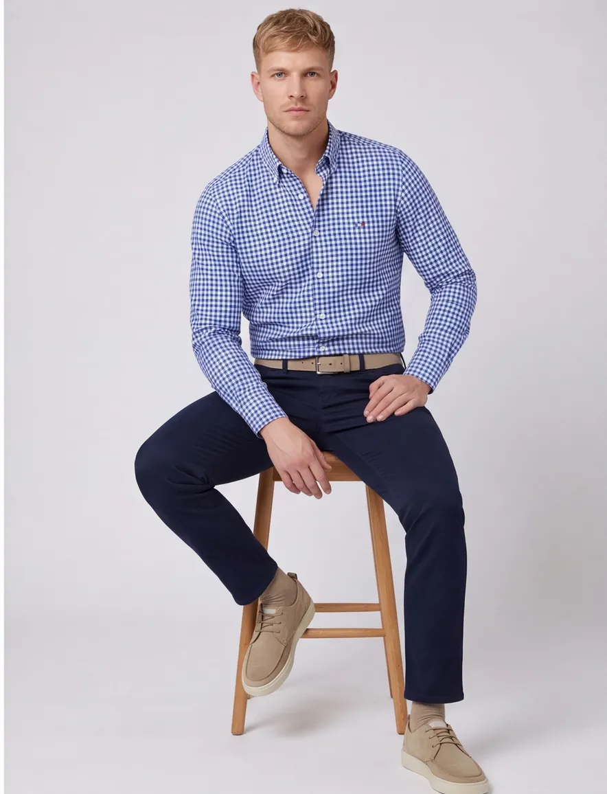 Portofino Regular Fit overhemd wijde fit blauw geruit katoen casual