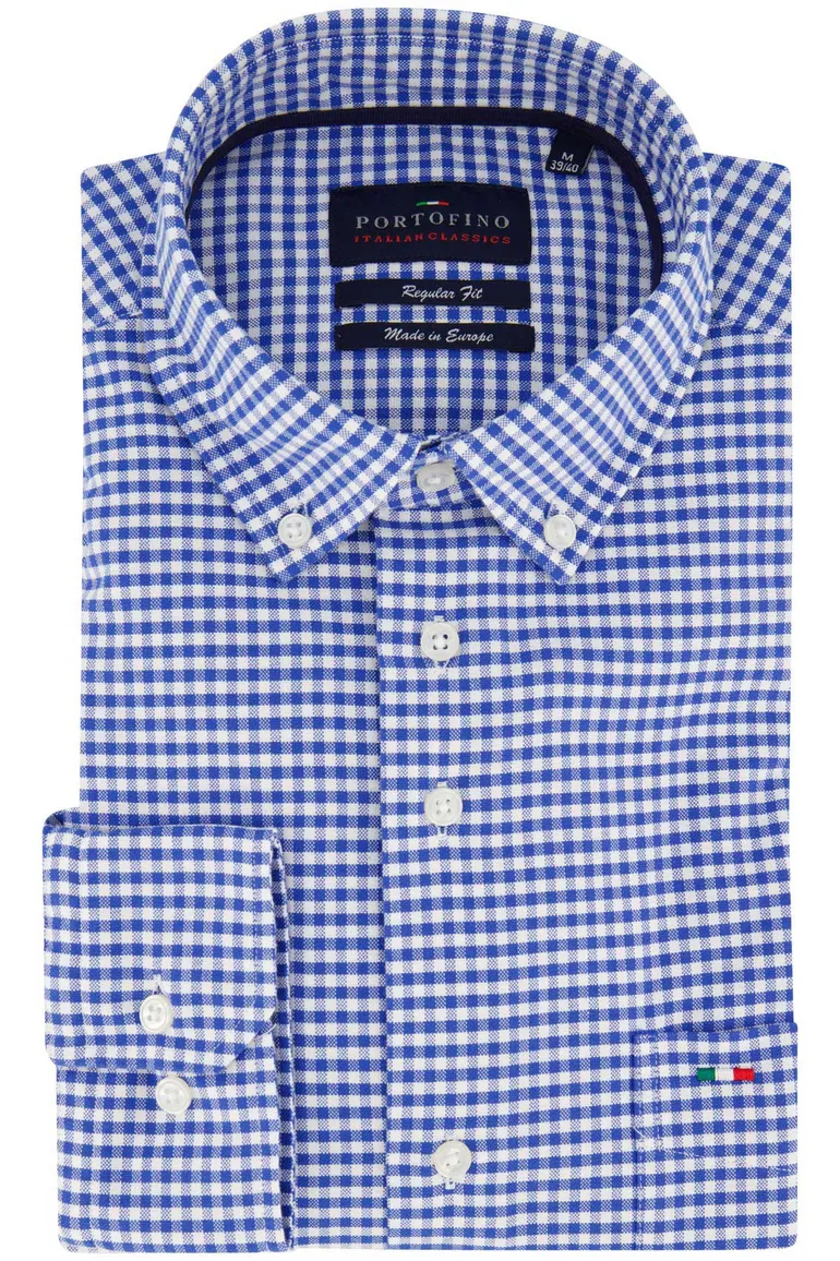 Portofino casual overhemd Regular Fit wijde fit blauw geruit katoen