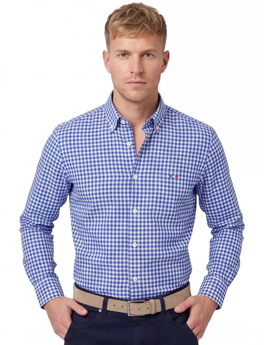 Portofino Regular Fit overhemd wijde fit blauw geruit katoen casual