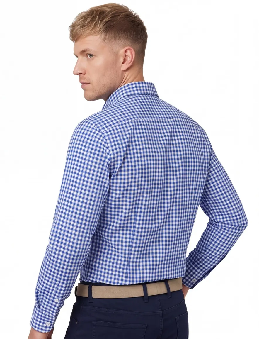 Portofino Regular Fit overhemd wijde fit blauw geruit katoen casual
