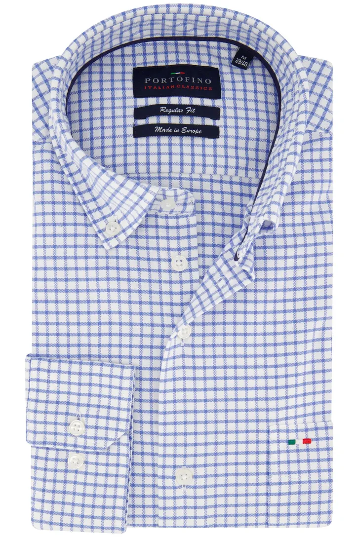 Portofino casual Regular Fit overhemd wijde fit blauw wit geruit katoen