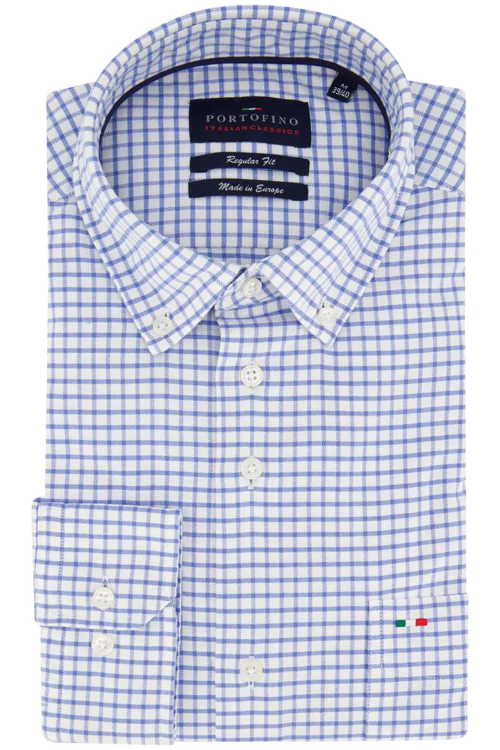 Portofino casual Regular Fit overhemd wijde fit blauw wit geruit katoen
