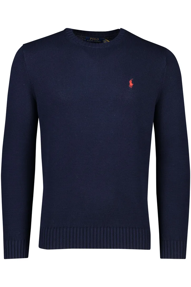 Polo Ralph Lauren trui ronde hals donkerblauw effen katoen rood logo