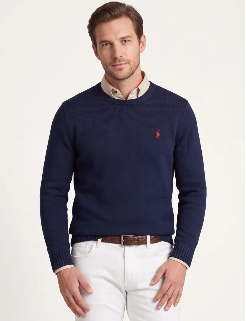 Polo Ralph Lauren trui ronde hals donkerblauw effen katoen rood logo