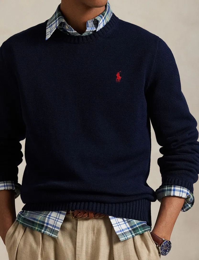 Polo Ralph Lauren trui ronde hals donkerblauw effen katoen rood logo