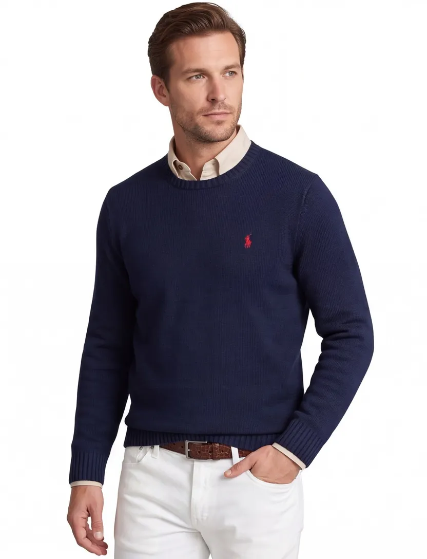 Polo Ralph Lauren trui ronde hals donkerblauw effen katoen rood logo