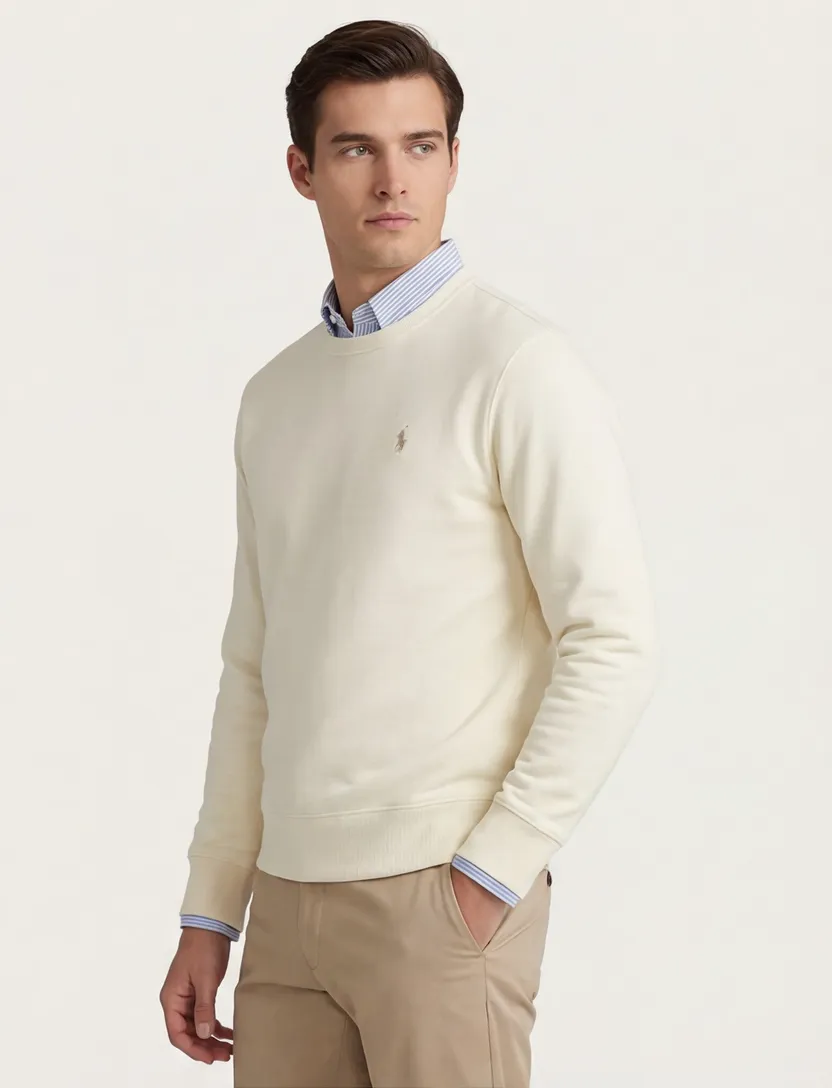 Polo Ralph Lauren sweater ronde hals ecru uni met logo katoen