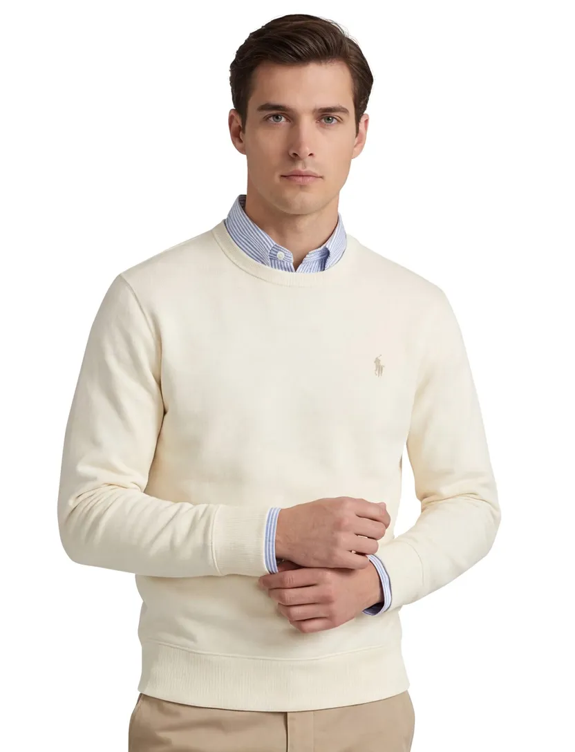 Polo Ralph Lauren sweater ronde hals ecru uni met logo katoen