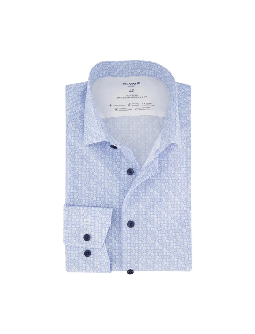 Mouwlengte 7 Olymp overhemd Luxor Modern Fit blauw met print katoen