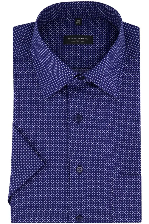 Eterna overhemd korte mouw comfort fit donkerblauw geprint katoen