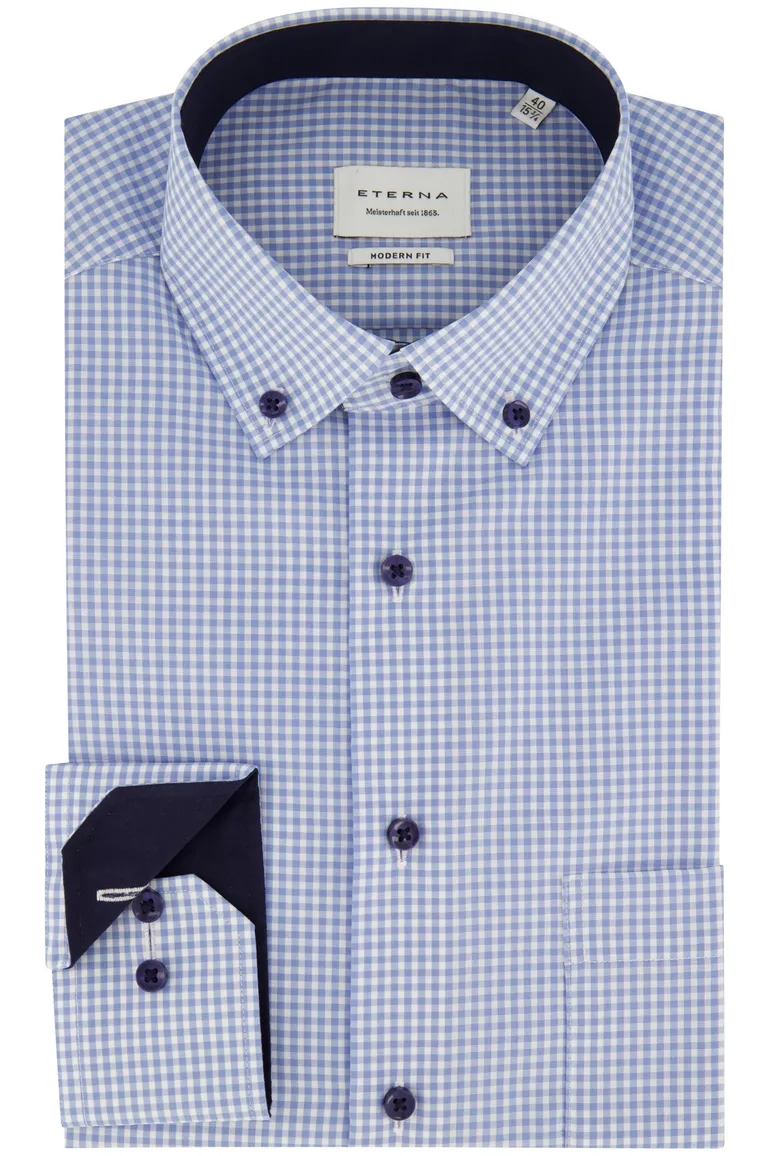 Eterna Modern Fit overhemd blauw geruit katoen