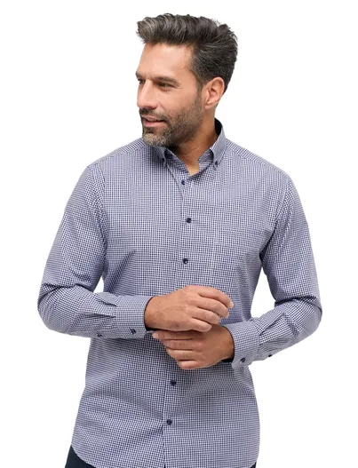 Eterna Eterna business overhemd Modern Fit donkerblauw en wit geruit katoen