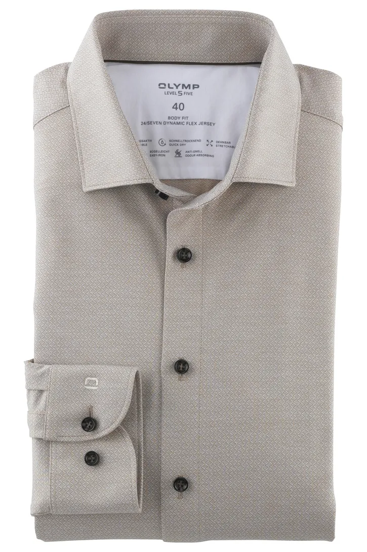Olymp overhemd level five 24/seven body fit beige katoen