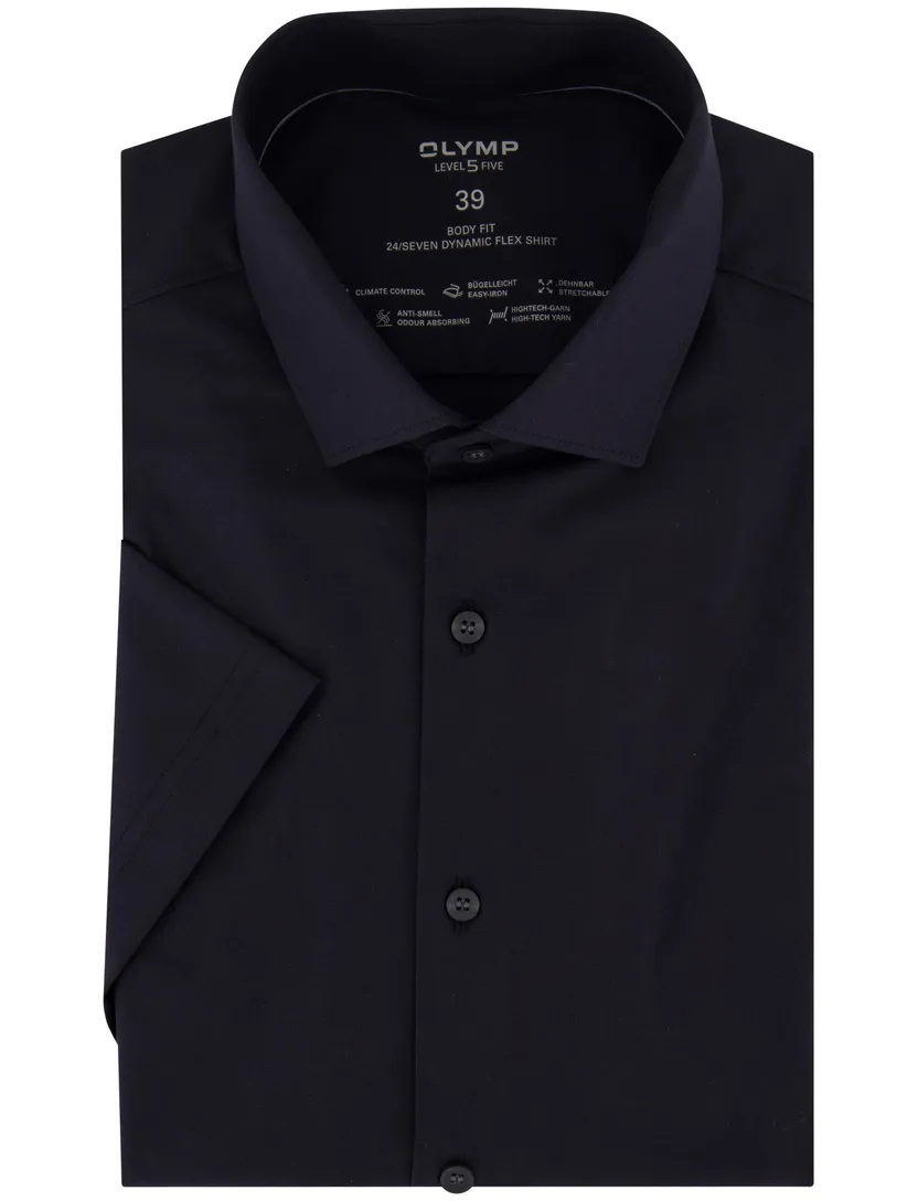 Olymp overhemd korte mouw body fit zwart semi-wide spread boord slim fit