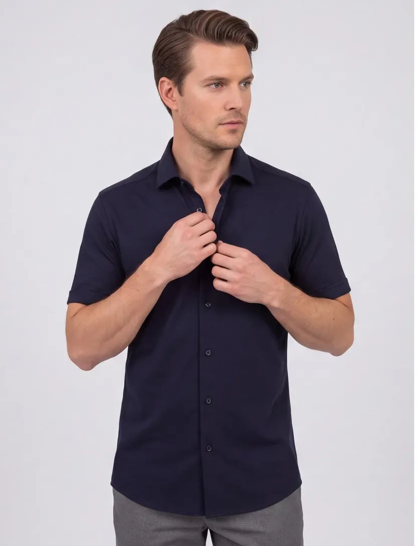 Olymp overhemd korte mouw body fit zwart semi-wide spread boord slim fit