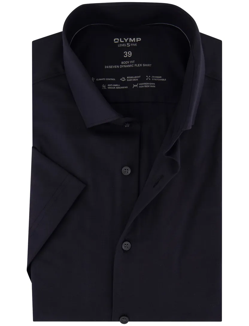 Olymp overhemd korte mouw body fit zwart semi-wide spread boord slim fit